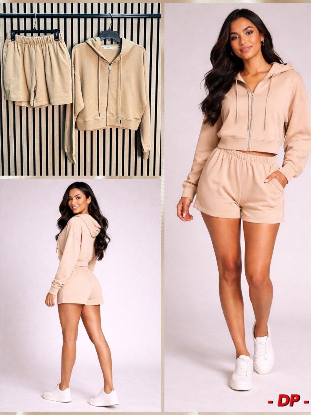 Shorts and Zip Up Hoodie 2 Piece Set 100% Cotton Light Mocha